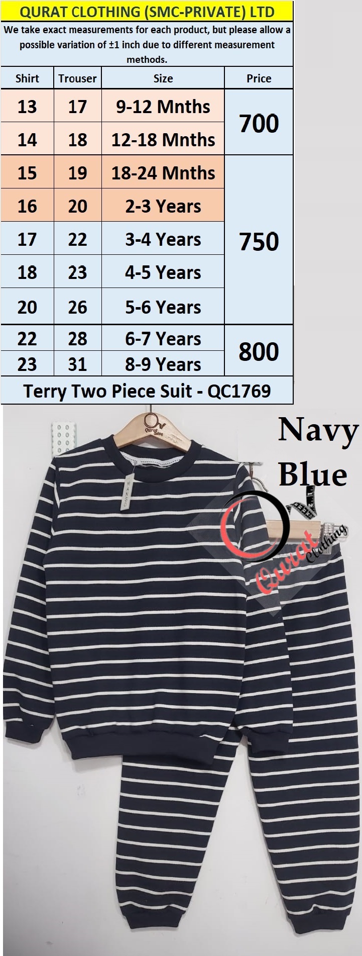 Navy Blue Stripes Terry Two Piece Suit QC1769 - Qurat Clothing