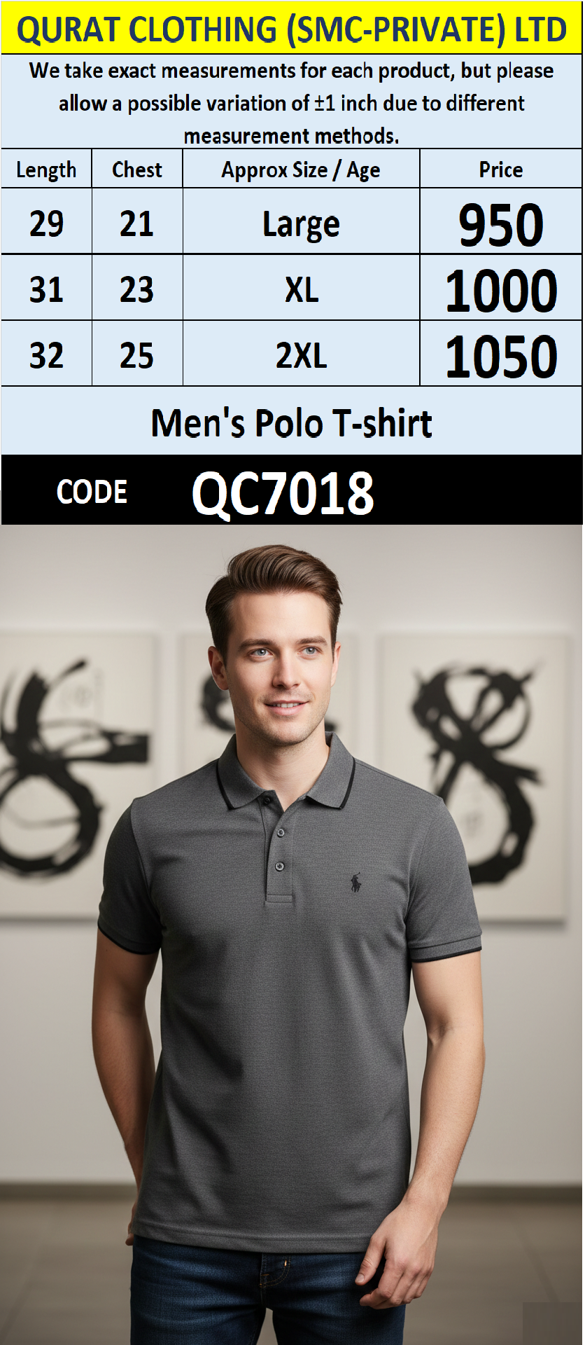 Grey PK Cotton Piqué Polo T-Shirt Contrast Collar Men’s Regular Fit QC7018
