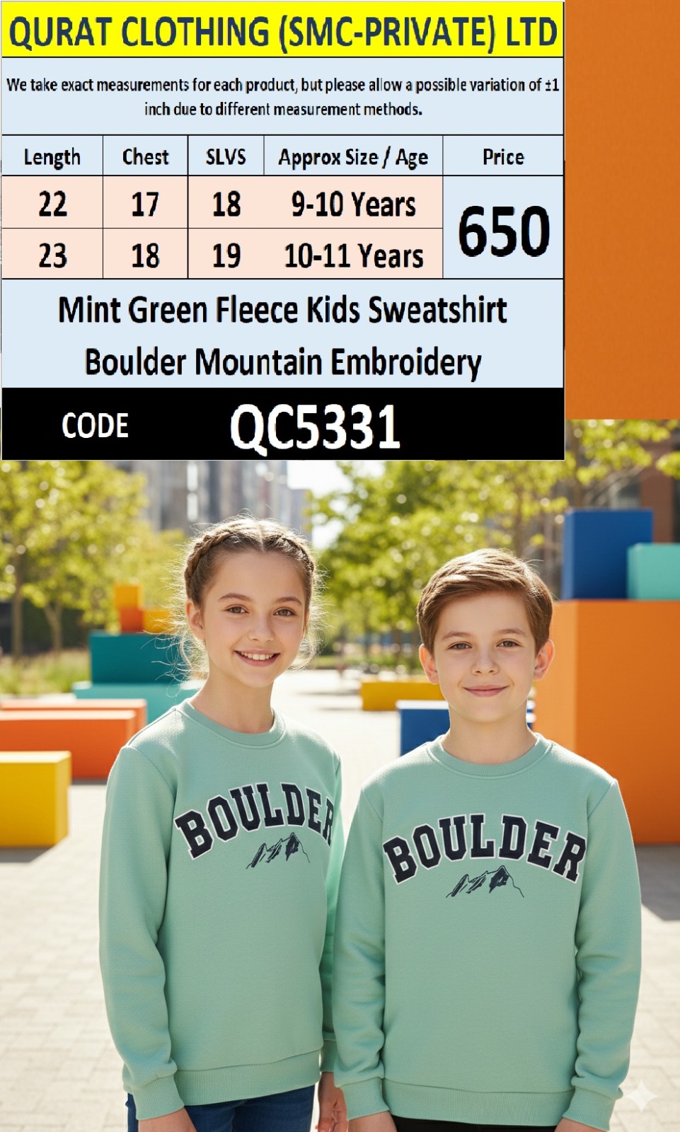 Mint Green Fleece Kids Crewneck Sweatshirt BOULDER Mountain Embroidery QC5331