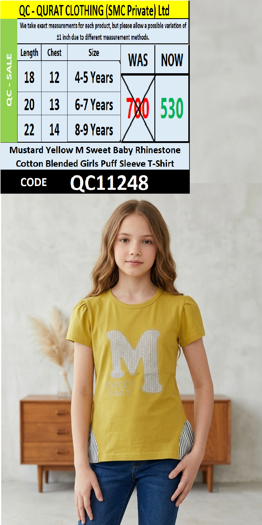 Mustard Yellow M Sweet Baby Rhinestone Printed Cotton Blended Girls Puff Sleeve T-Shirt QC11248