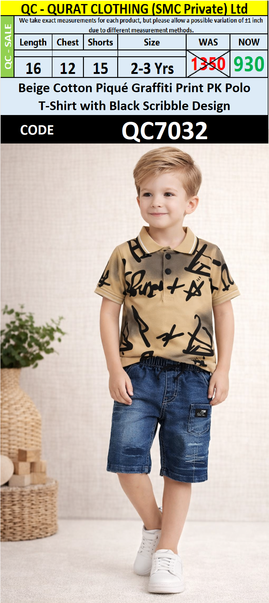 Beige Cotton Piqué Graffiti Print PK Polo Shirt with Denim Shorts Boys Summer Set QC7032