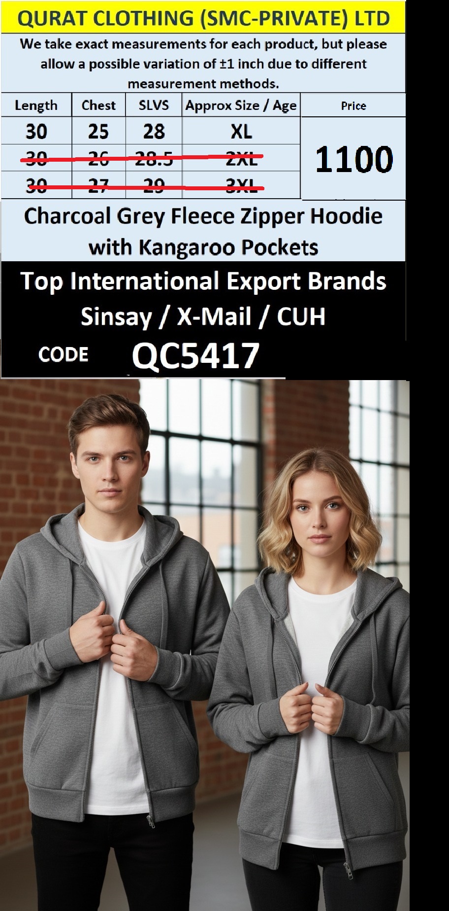 Charcoal Grey Fleece Zipper Hoodie with Kangaroo Pockets QC5417