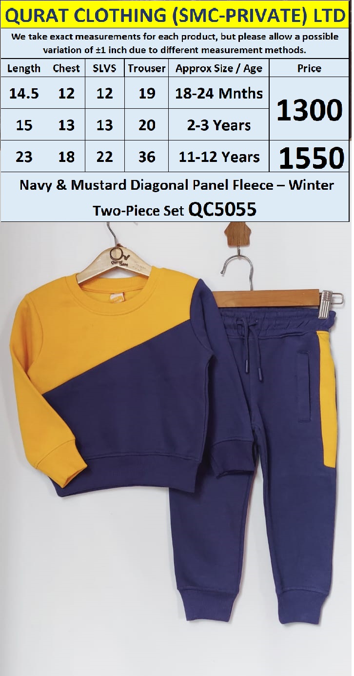Navy & Mustard Diagonal Panel Fleece Winter Two-Piece Set QC5055