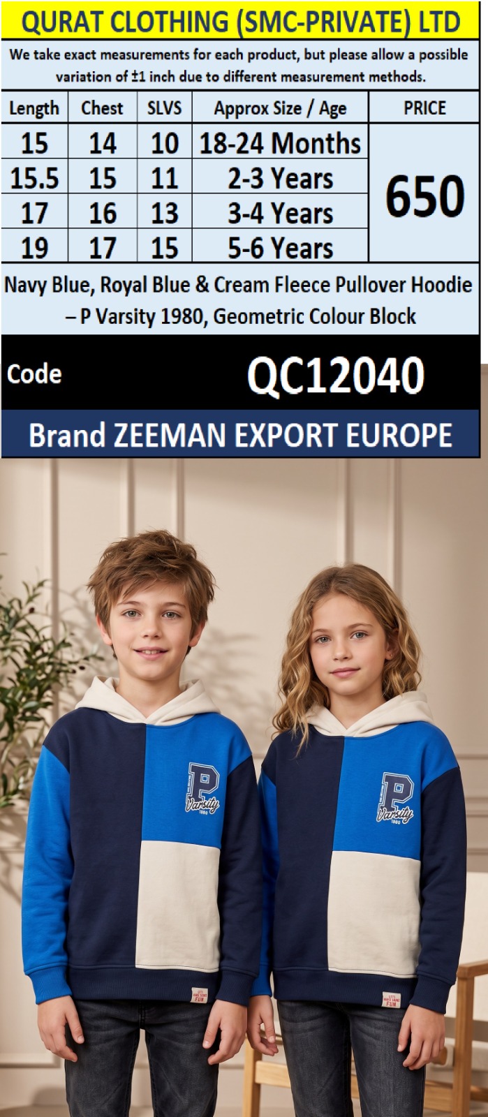 Navy Blue, Royal Blue & Cream Fleece Pullover Hoodie – P Varsity 1980, Geometric Colour Block – Zeeman Export Europe – QC12040