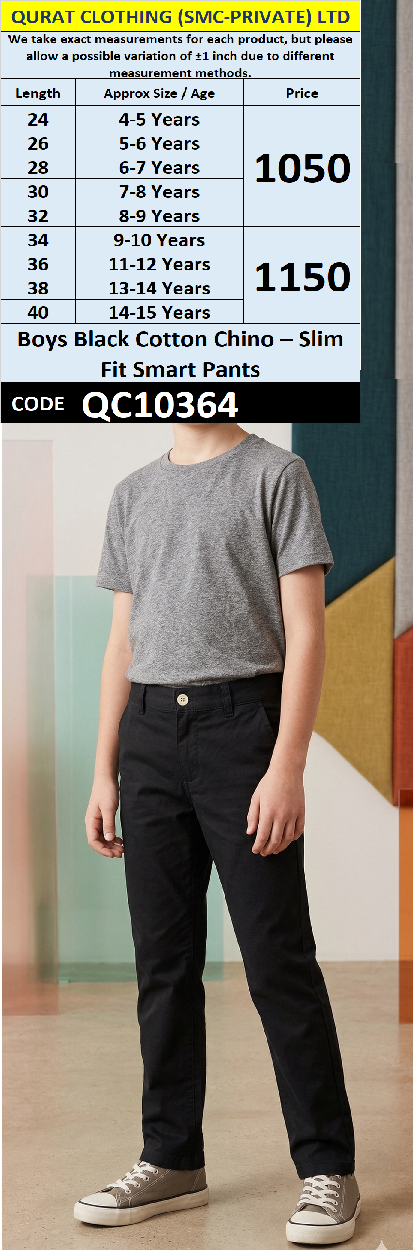 Boys Black Cotton Chino – Slim Fit Smart Pants QC10364
