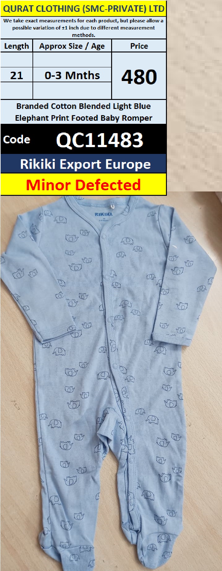 Rikiki Export Europe Branded Cotton Blended Light Blue Elephant Print Footed Baby Romper – 0–3 Months – QC11483 – Minor Defected