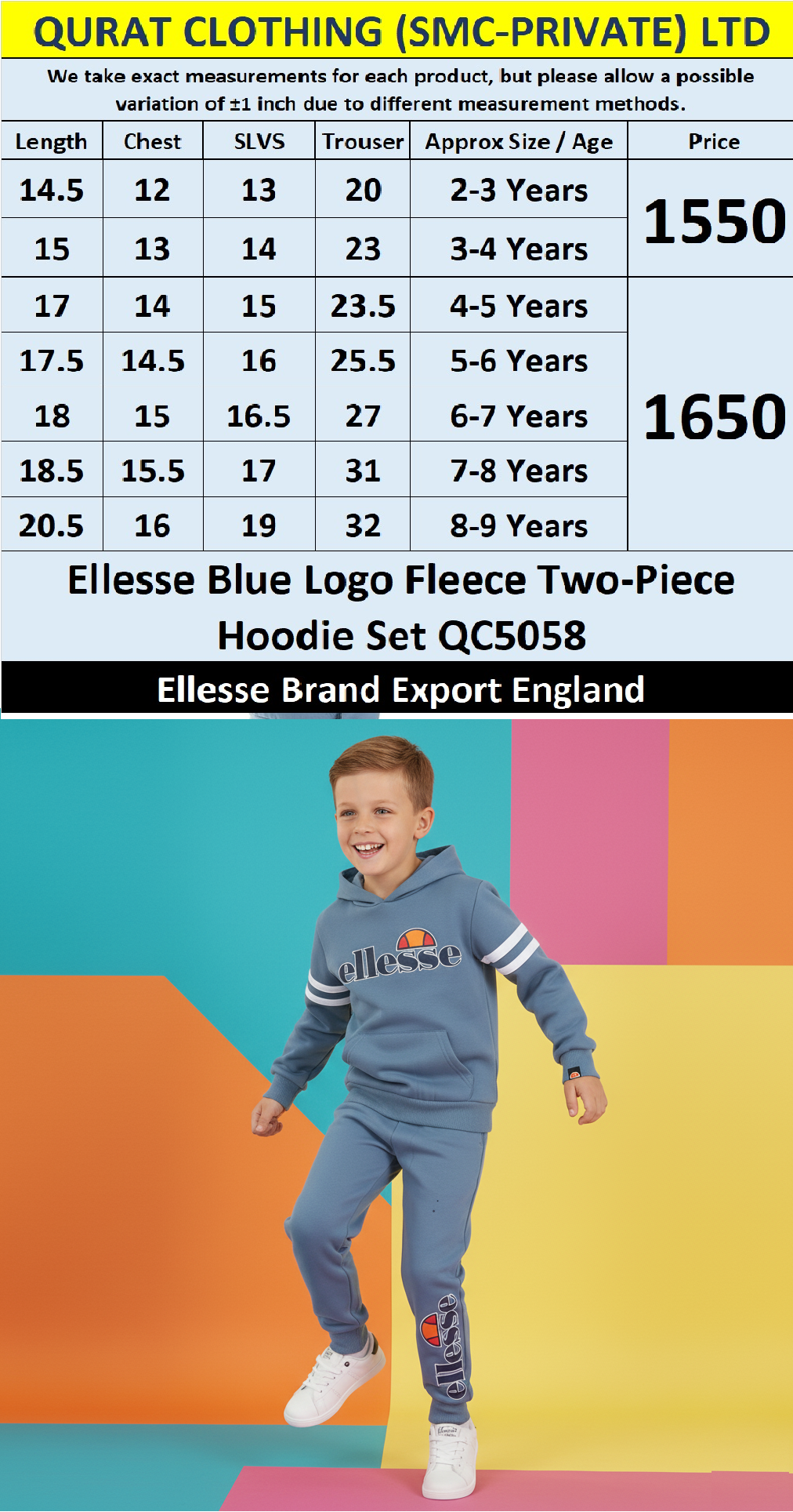 Ellesse Brand Blue “Logo” Fleece Two-Piece Hoodie Set QC5058 – Export England - QC5058