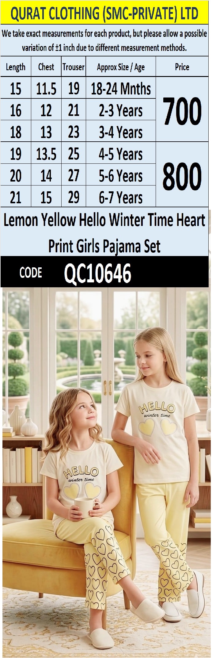 Lemon Yellow Hello Winter Time Heart Print Girls Pajama Set QC10646