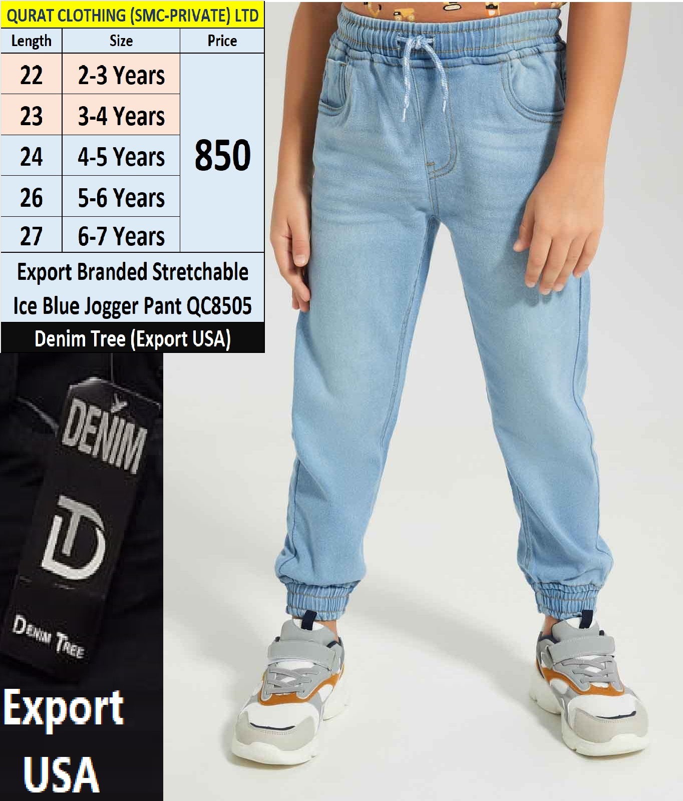 Export Stretchable Ice Blue Joger Pant QC8505 Brand Denim Tree Export USA