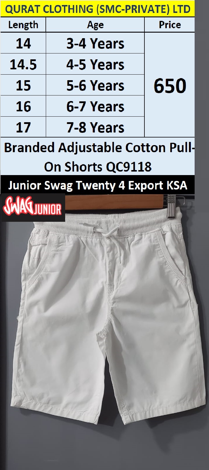 Junior Swag Brand Adjustable Cotton Pull-On Shorts QC9118 Export KSA