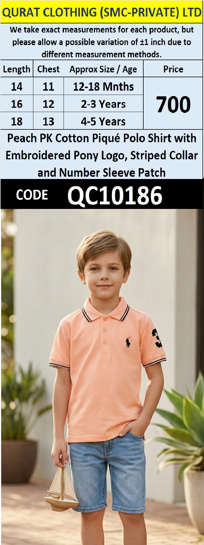 Peach PK Cotton Piqué Polo Shirt with Embroidered Pony Logo, Striped Collar and Number Sleeve Patch – QC10186