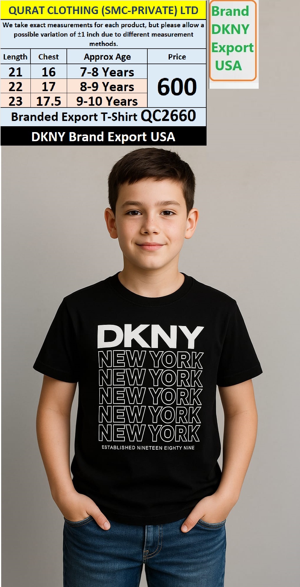 DKNY Brand Black T-shirt QC2660 Export New York - USA