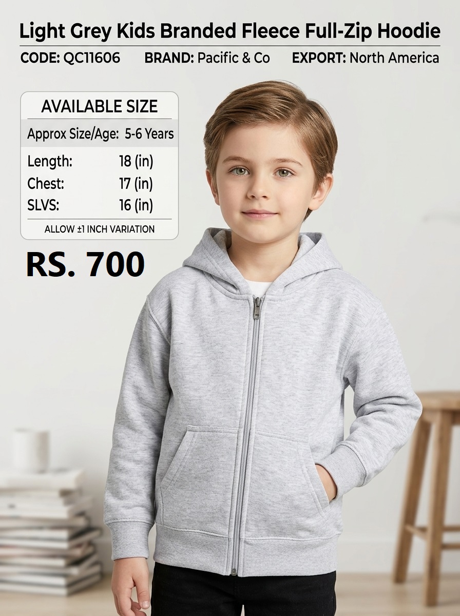 Pacific & Co Light Grey Kids Branded Fleece Full-Zip Hoodie – Export North America – QC11606