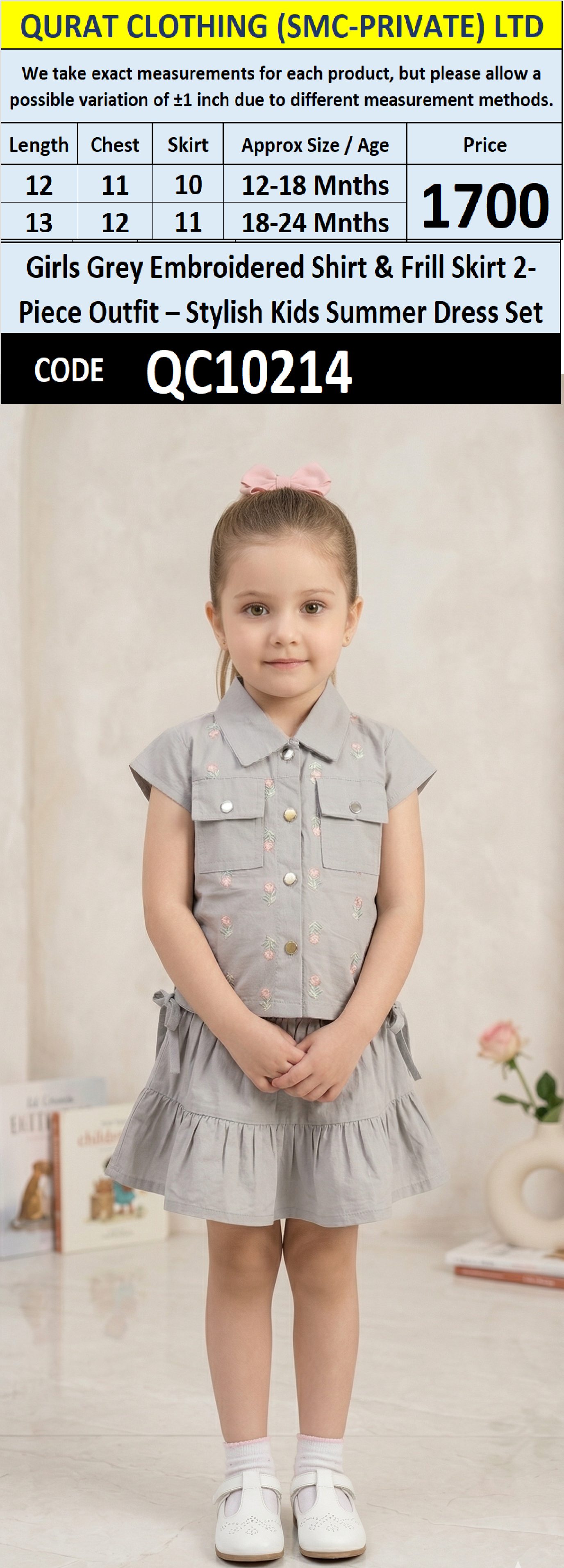 Girls Grey Embroidered Shirt & Frill Skirt 2-Piece Outfit – Stylish Kids Summer Dress Set – QC10214 - QC10214