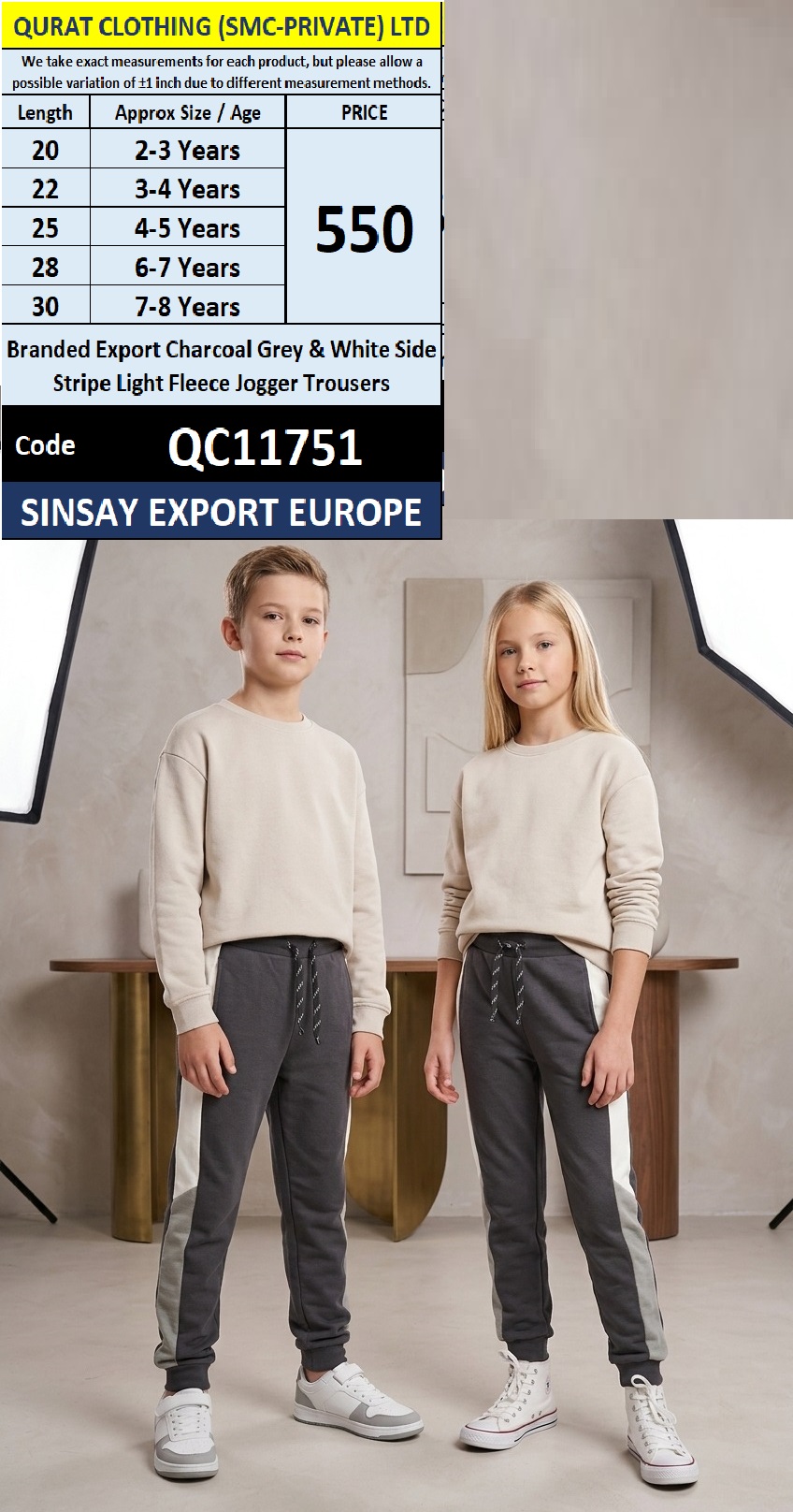 Charcoal Grey & White Side Stripe Light Fleece Jogger Trousers QC11751 - Sinsay Export Europe