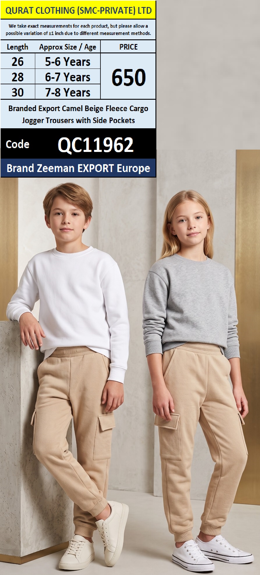 Zeeman Export Europe Branded Export Camel Beige Fleece Cargo Jogger Trousers with Side Pockets – QC11962