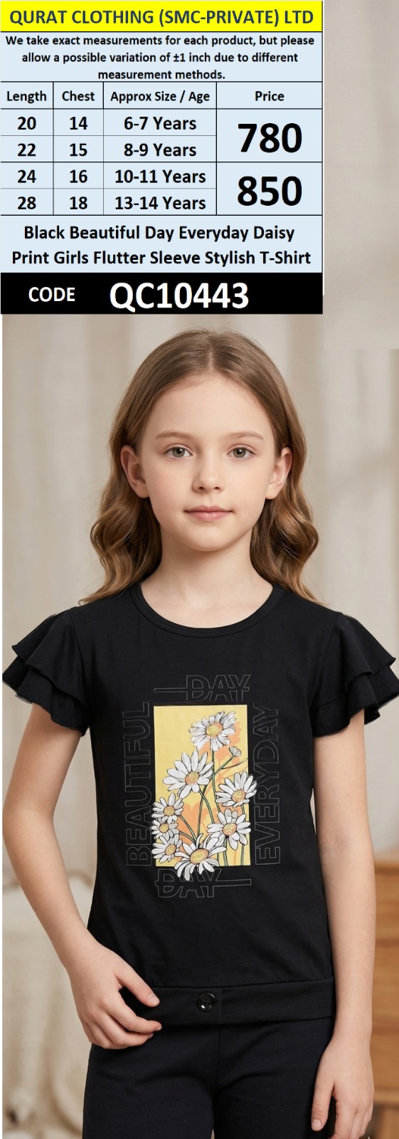 Black Beautiful Day Everyday Daisy Print Girls Flutter Sleeve Stylish T-Shirt QC10443