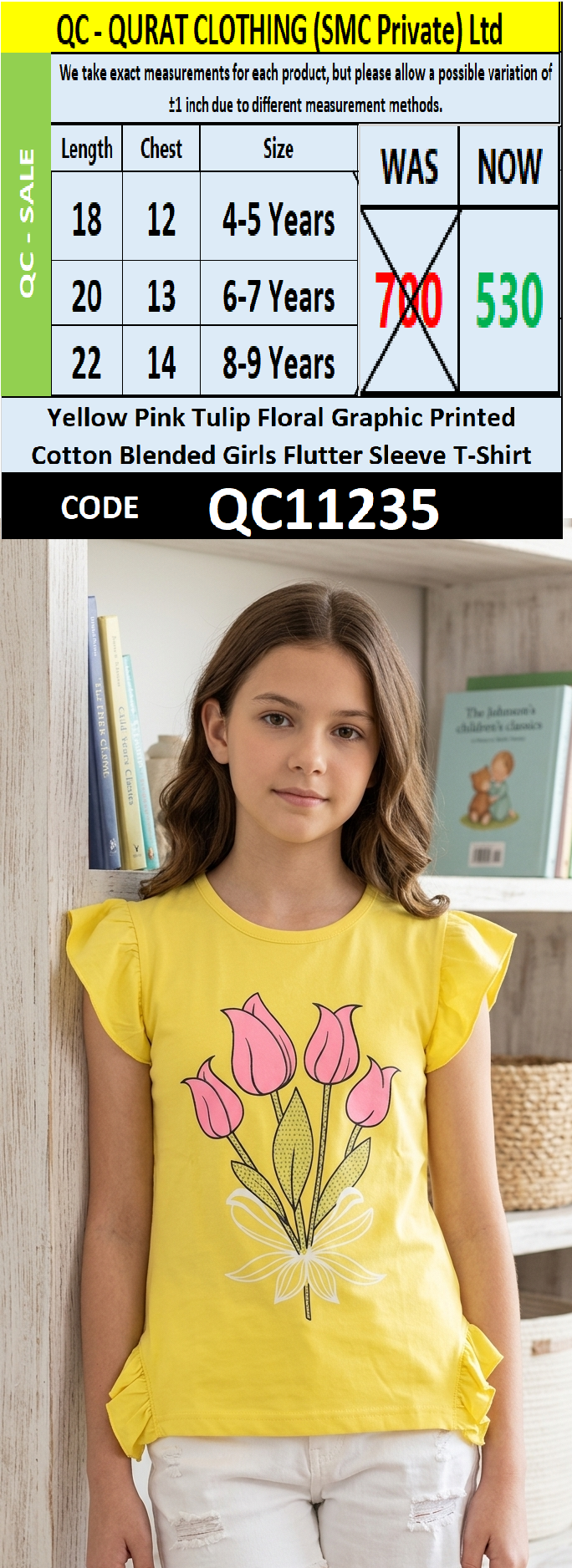 Yellow Pink Tulip Floral Graphic Printed Cotton Blended Girls Flutter Sleeve T-Shirt QC11235
