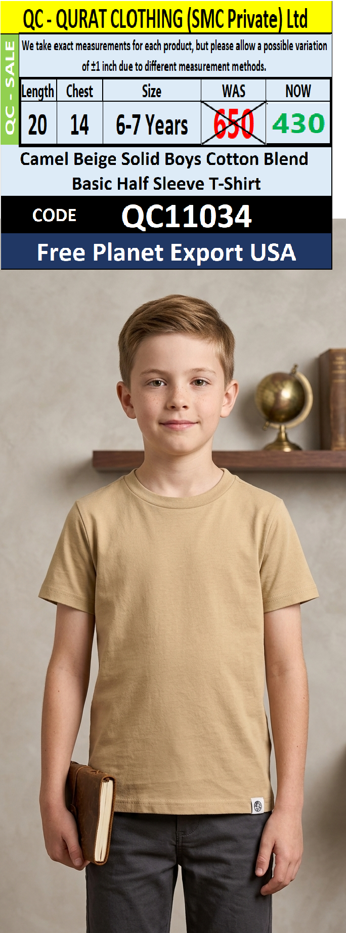 Camel Beige Solid Boys Cotton Blend Basic Half Sleeve T-Shirt – QC11034 – Free Planet Export USA