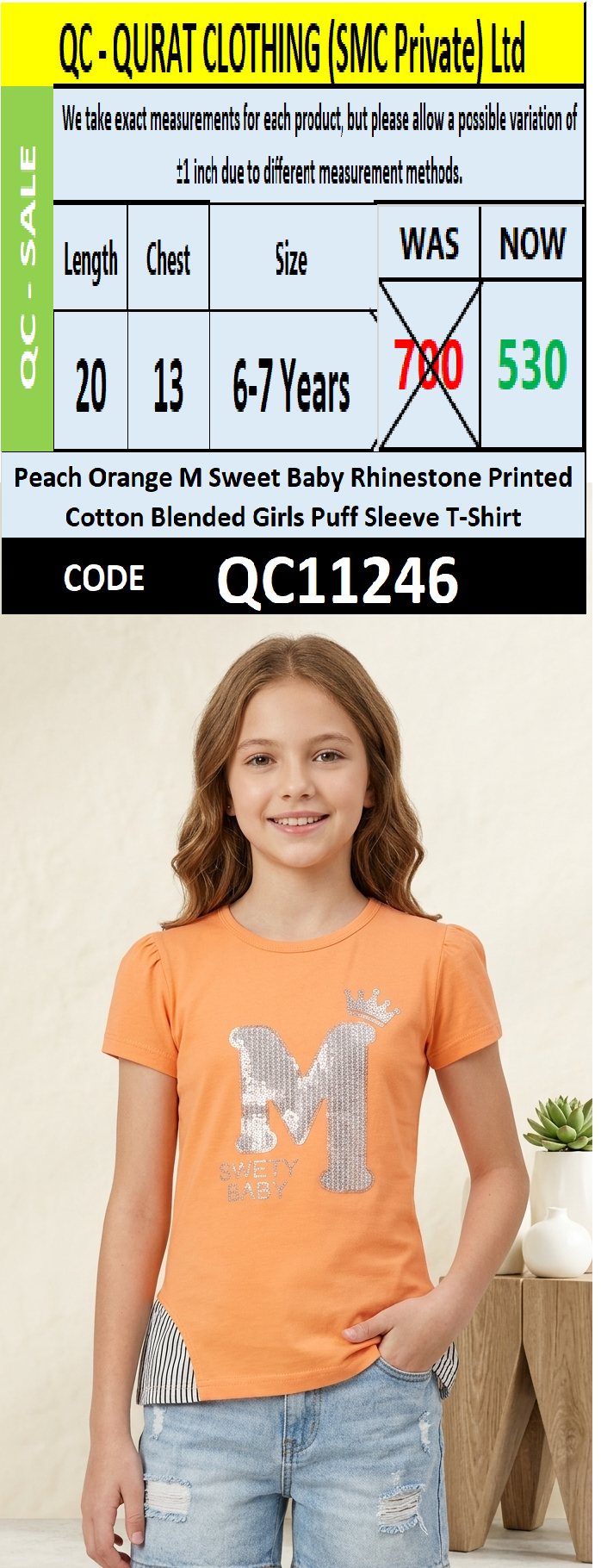 Peach Orange M Sweet Baby Rhinestone Printed Cotton Blended Girls Puff Sleeve T-Shirt QC11246