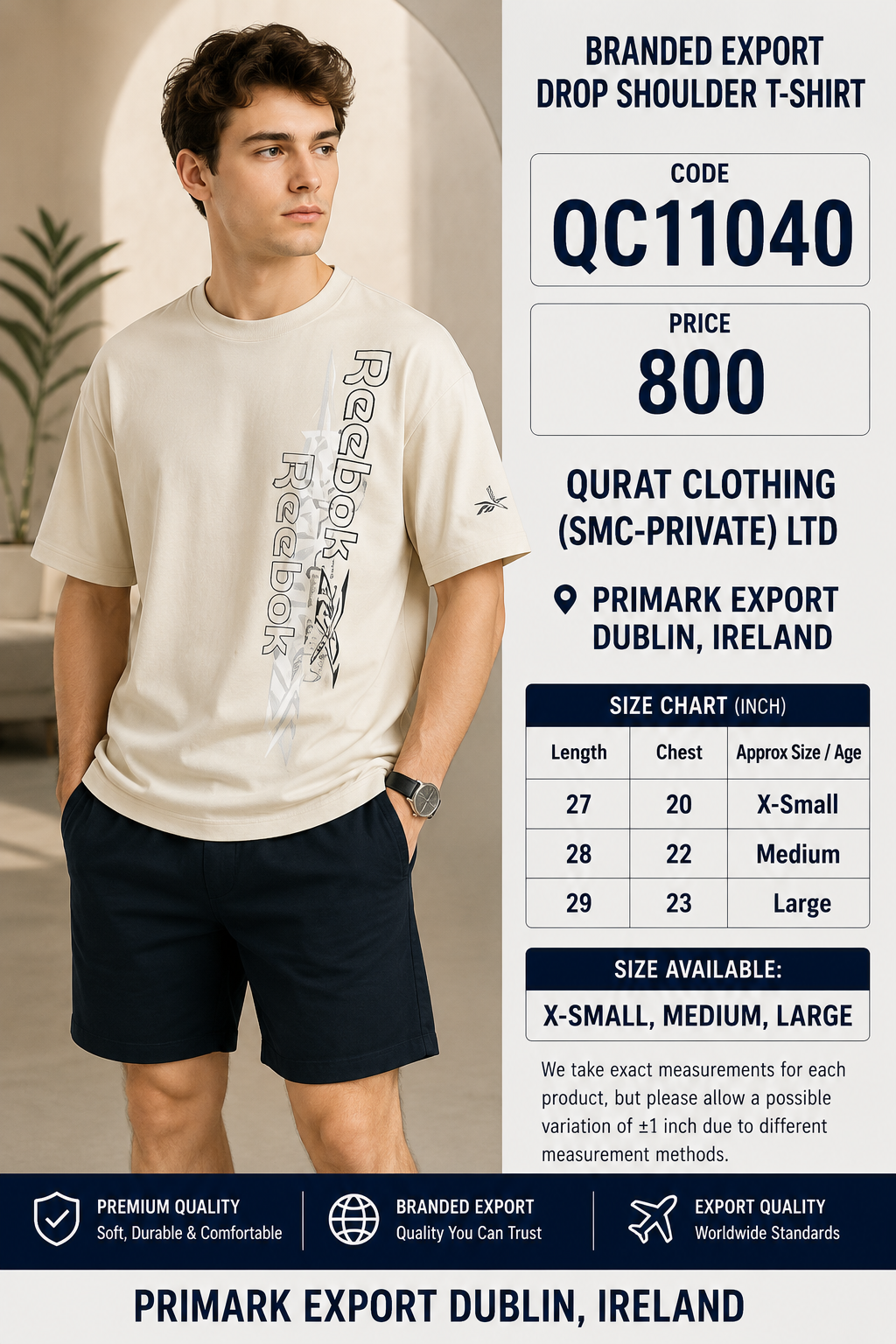 Off White Reebok Vertical Graphic Branded Export Drop Shoulder T-Shirt QC11040 – Primark Export Dublin Ireland
