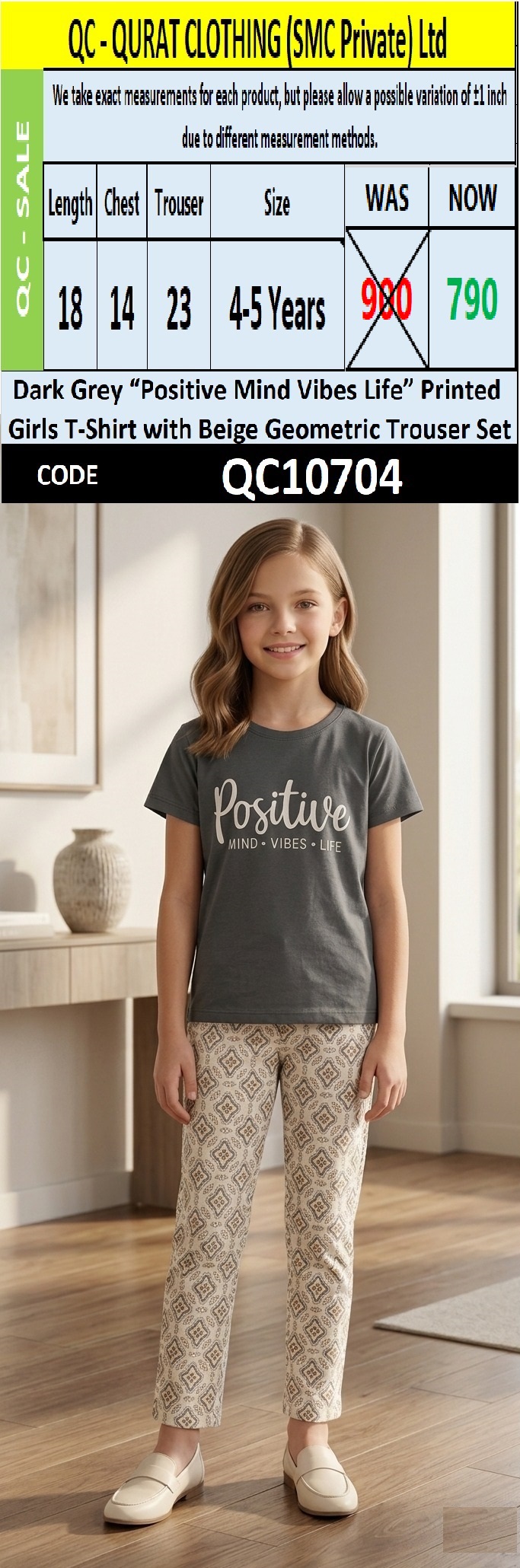 Dark Grey “Positive Mind Vibes Life” Printed Girls T-Shirt with Beige Geometric Trouser Set – QC10704