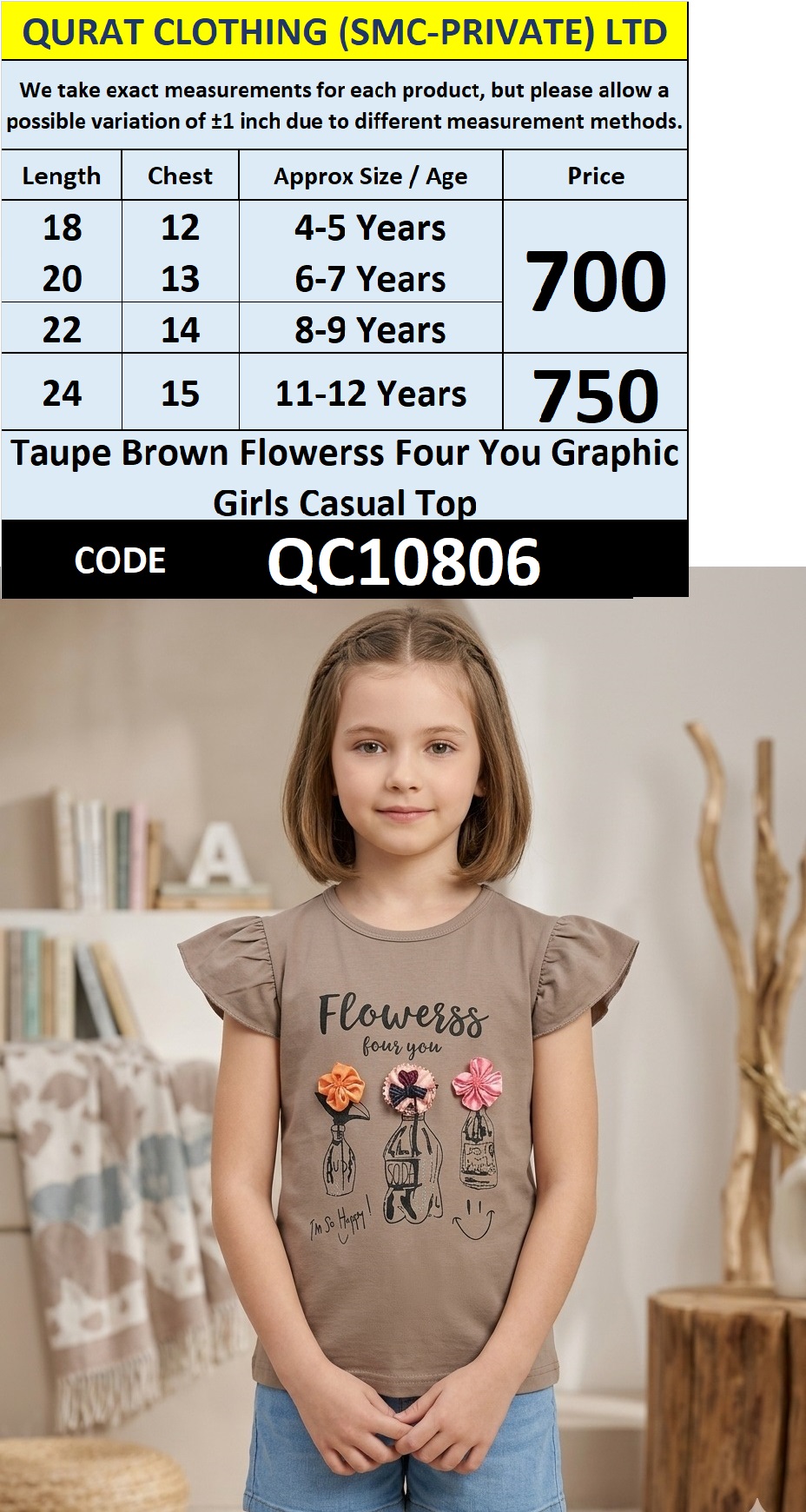 Taupe Brown Flowerss Four You Graphic Girls Casual Top QC10806