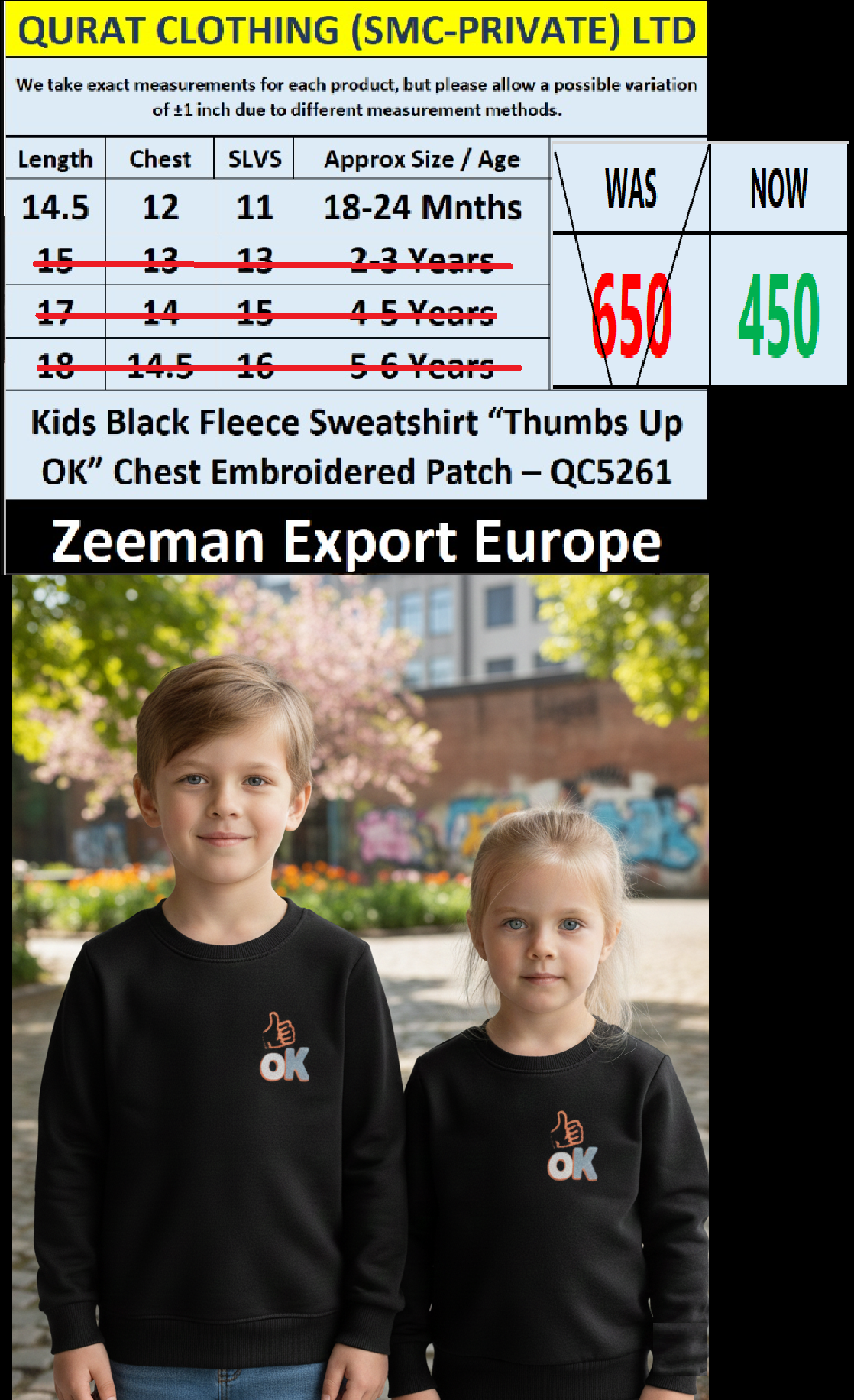 Zeeman Kids Black Fleece Sweatshirt with “Thumbs Up OK” Embroidered Patch – QC5261 – Export Europe