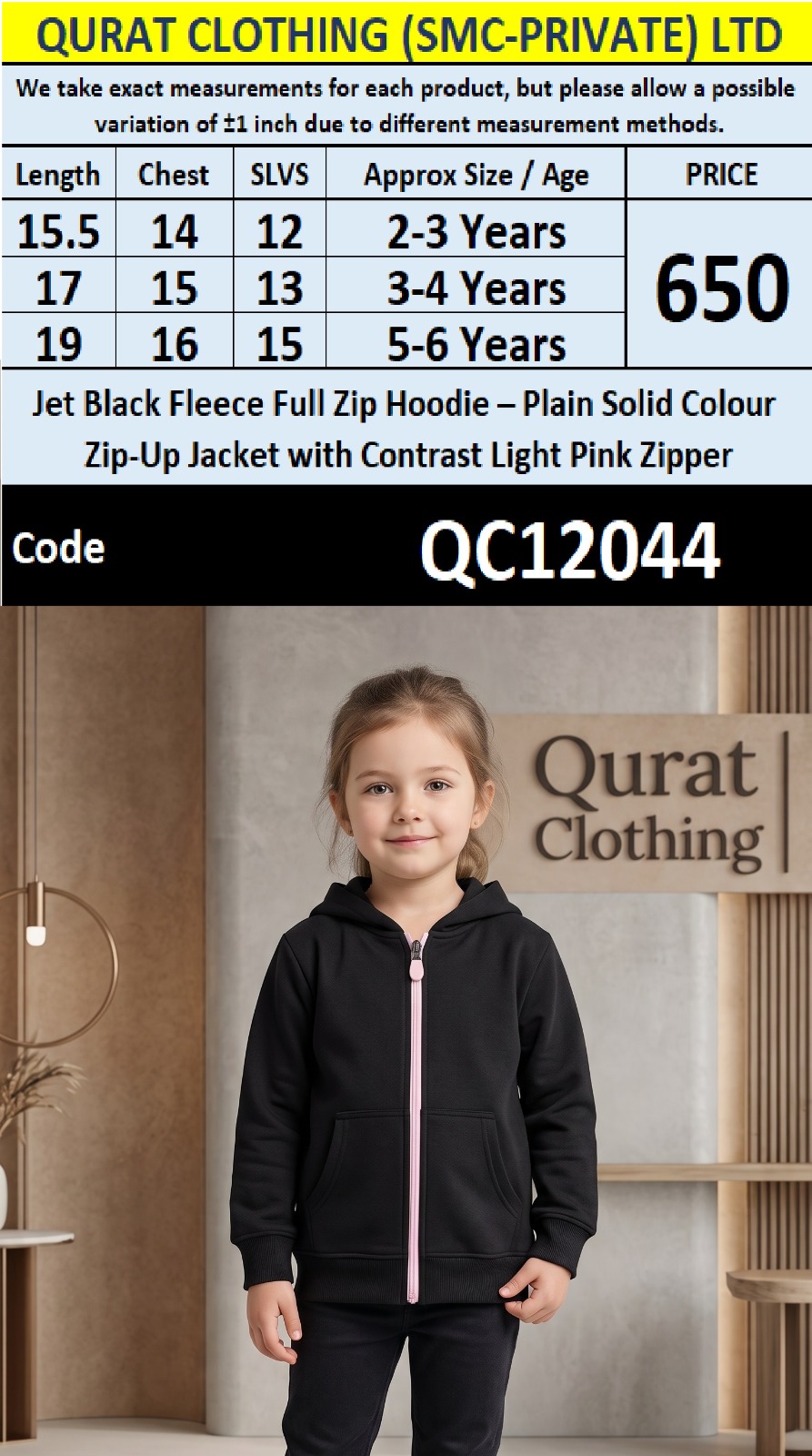 Jet Black Fleece Full Zip Hoodie – Plain Solid Colour Zip-Up Jacket with Contrast Light Pink Zipper – Zeeman – QC12044
