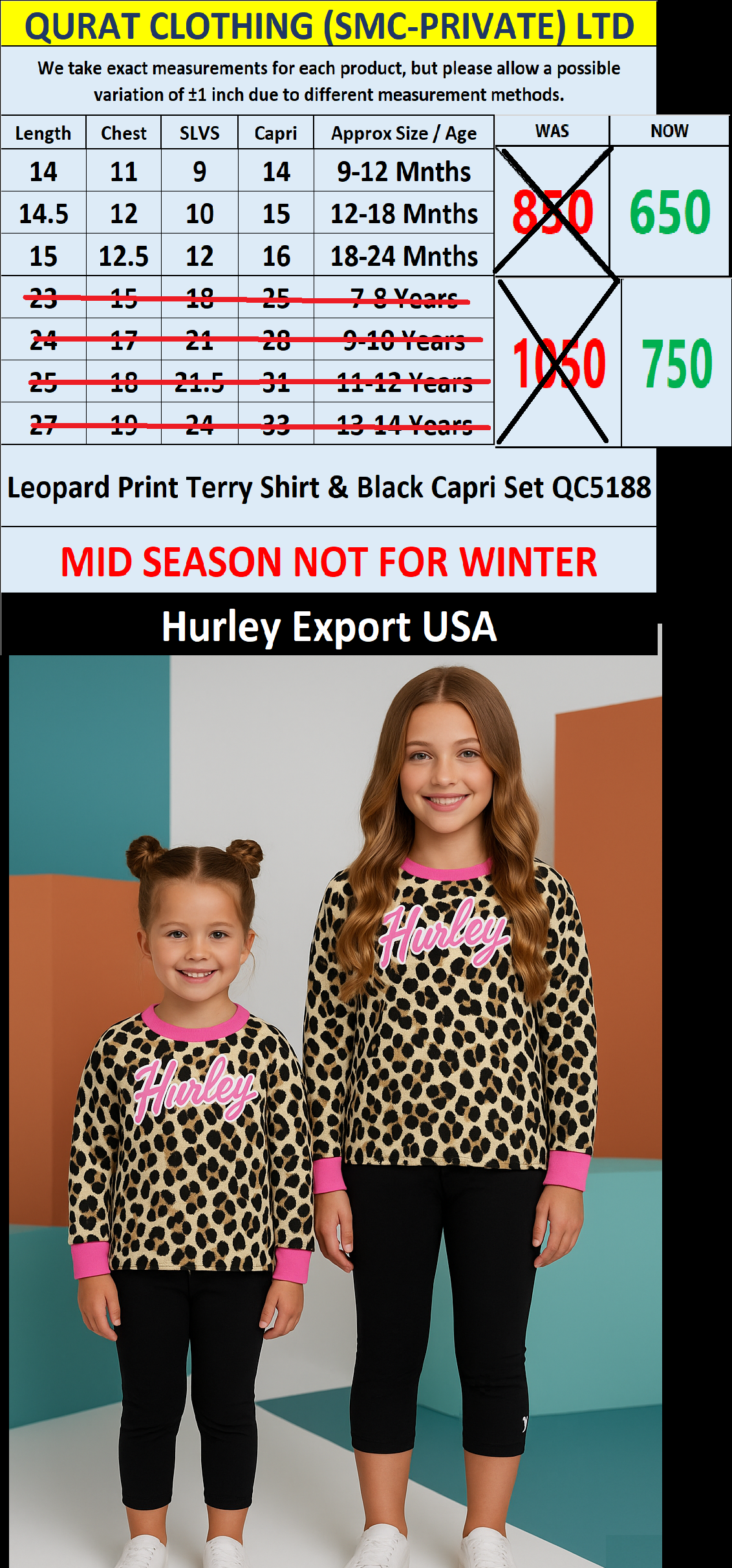 Hurley Brand Leopard Print Terry Shirt & Black Capri Set QC5188 – Export USA