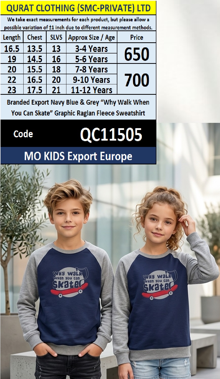 MO KIDS Export Europe Branded Navy Blue & Grey “Why Walk When You Can Skate” Graphic Raglan Fleece Sweatshirt – QC11505
