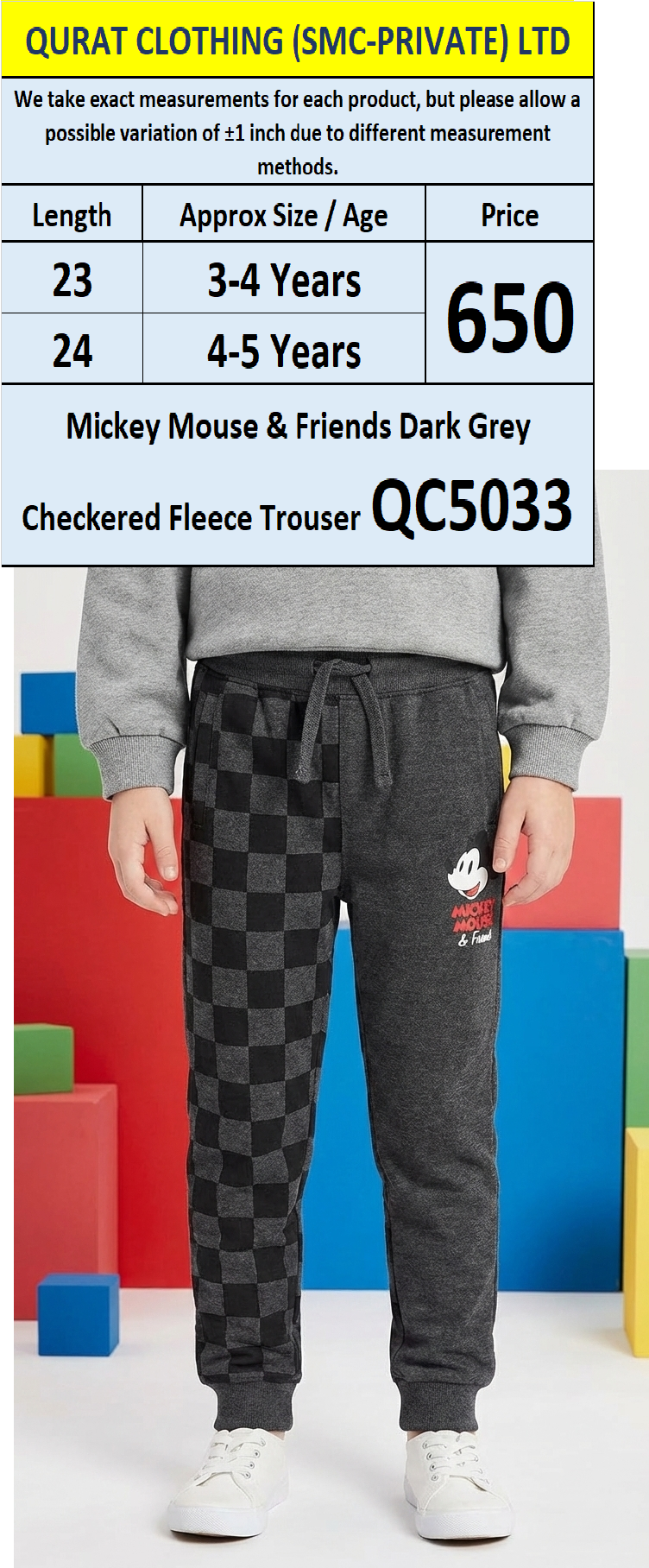 Mickey Mouse & Friends Dark Grey Checkered Fleece Trouser QC5033
