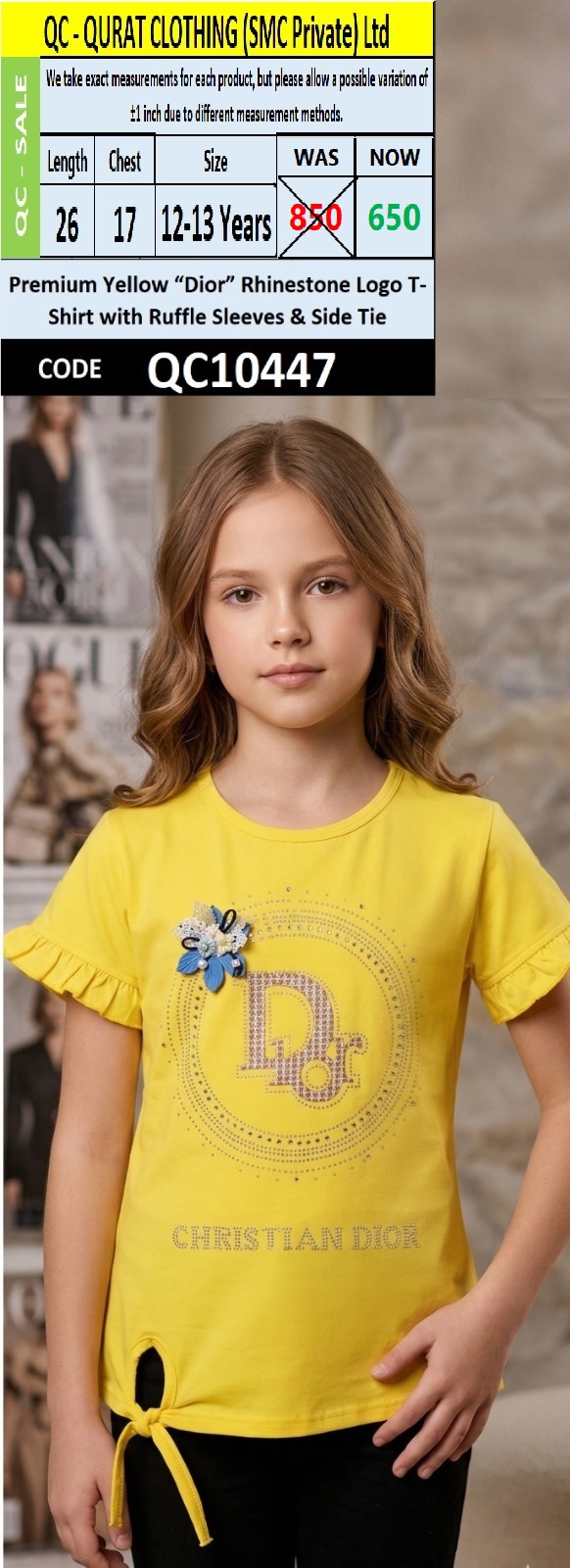 Premium Yellow “Dior” Rhinestone Logo T-Shirt with Ruffle Sleeves & Side Tie QC10447