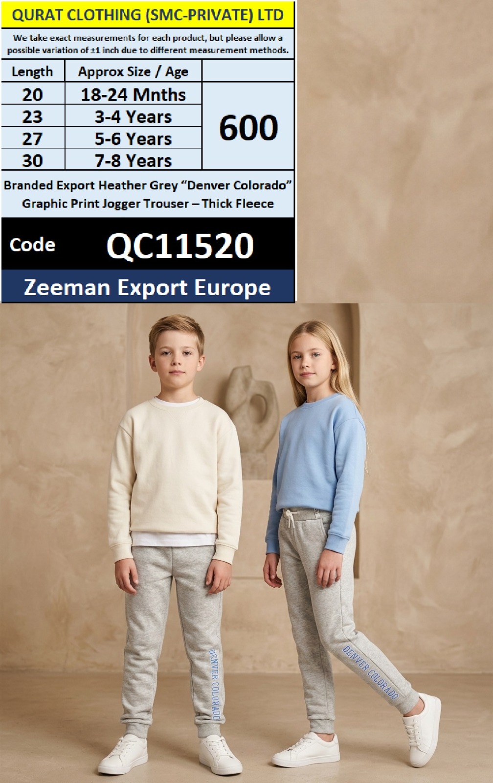Zeeman Export Europe Branded Heather Grey “Denver Colorado” Graphic Print Jogger Trouser – Thick Fleece Kids – QC11520