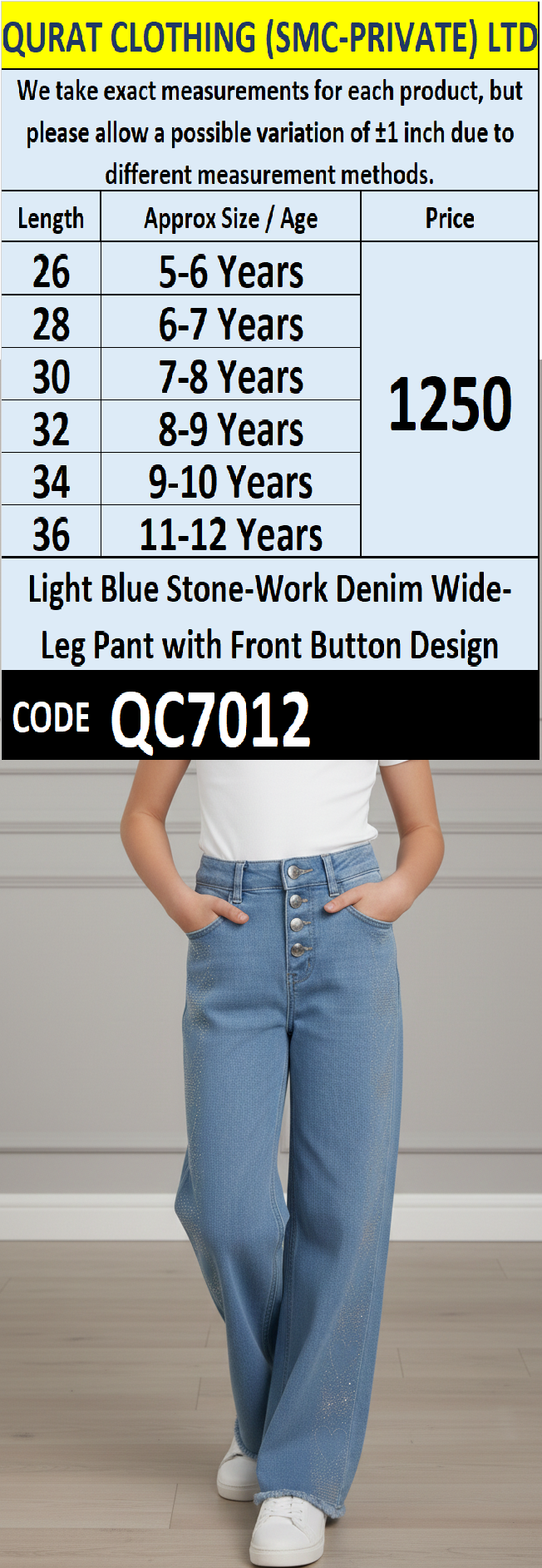 Girls Light Blue Stone-Work Denim Wide-Leg Trouser with Front Button Design – Stylish Kids Fashion QC7012