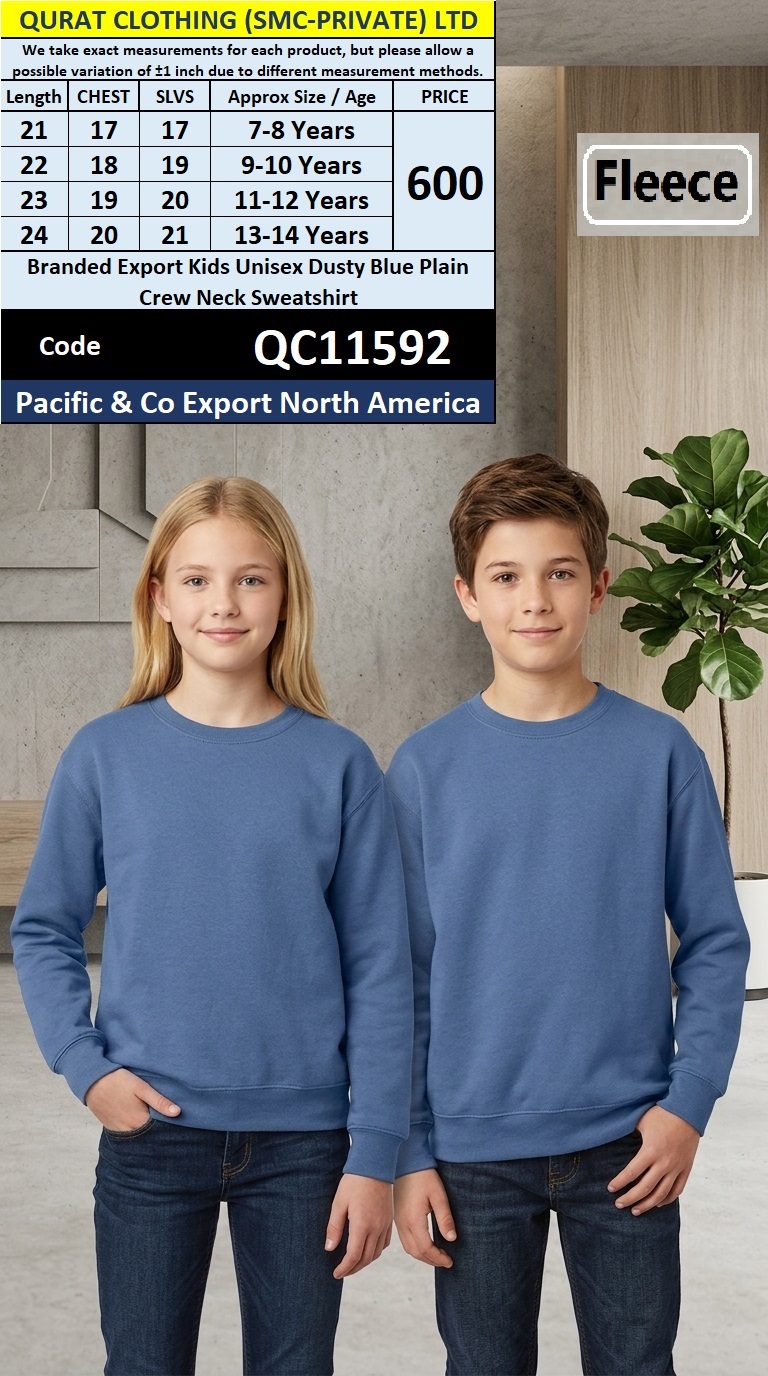 Branded Export Kids Fleece Unisex Dusty Blue Plain Crew Neck Sweatshirt – Pacific & Co Export North America – QC11592