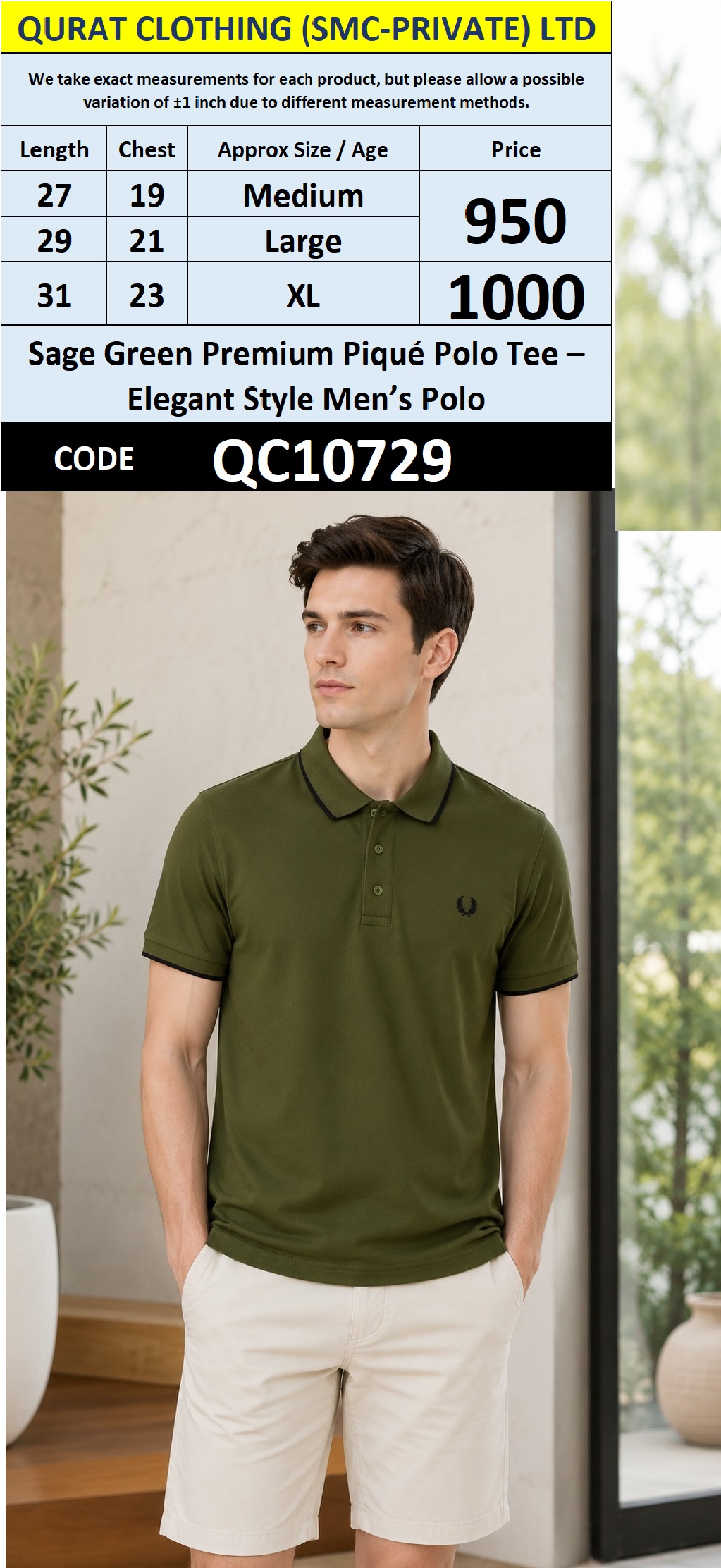 Sage Green Premium Piqué Polo Tee – Elegant Style Men’s Polo – QC10729