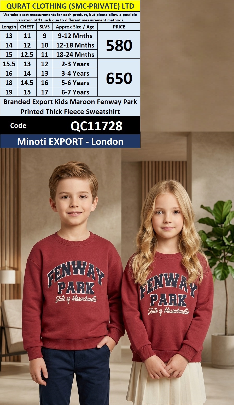 Branded Export Kids Maroon Fenway Park Printed Thick Fleece Sweatshirt 11728
