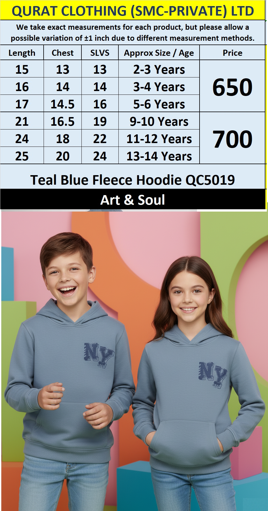 Art & Soul Teal Blue “NY” Fleece Hoodie QC5019 – WITHOUT POCKET HOODIE