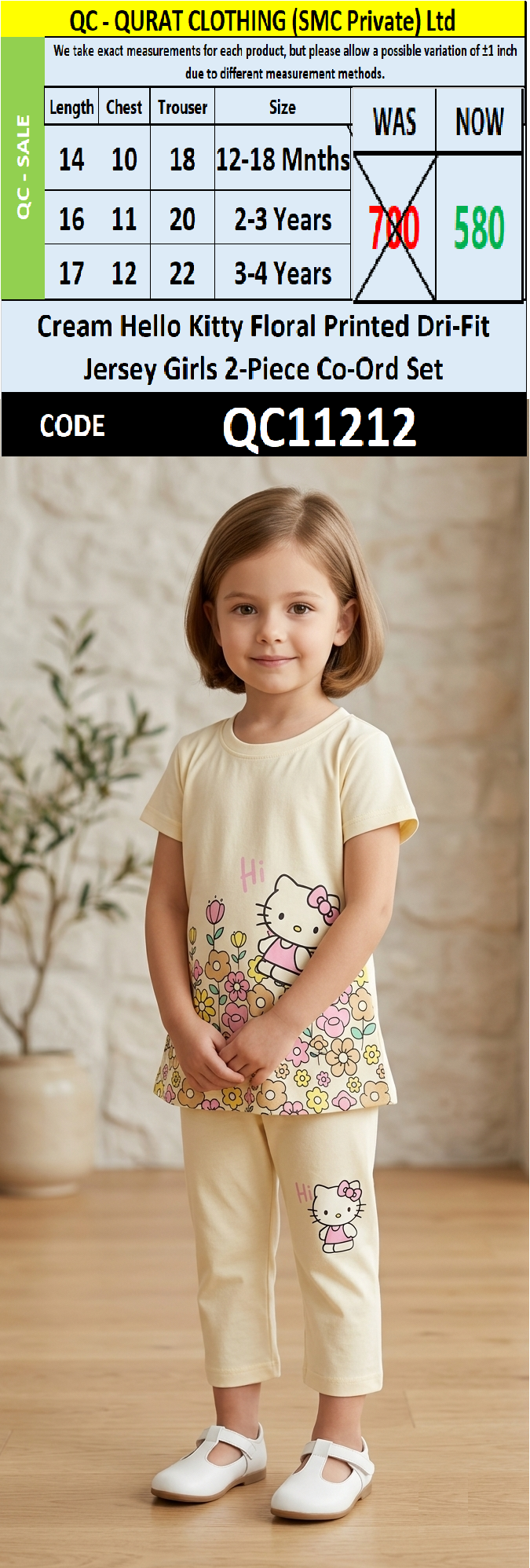 Cream Hello Kitty Floral Printed Dri-Fit Jersey Girls 2-Piece Co-Ord Set QC11212