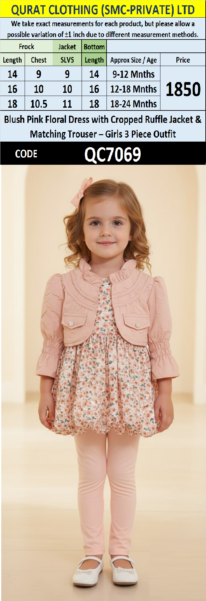 Blush Pink Floral Dress with Cropped Ruffle Jacket & Matching Trouser – Girls 3 Piece Outfit QC7069 - QC7069