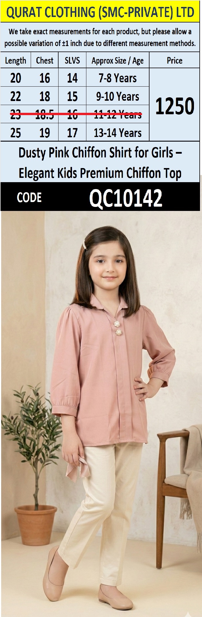 Dusty Pink Chiffon Shirt for Girls – Elegant Kids Premium Chiffon Top QC10142