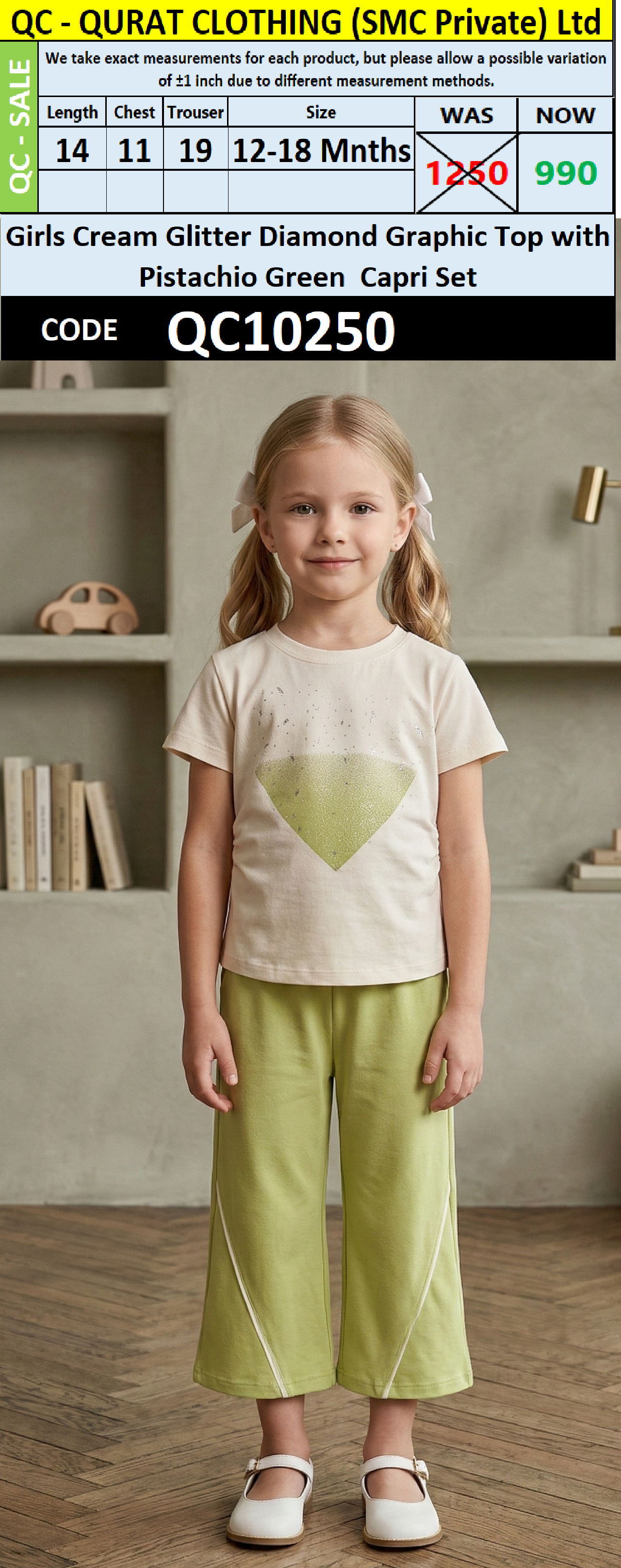 Girls Cream Glitter Diamond Graphic Top with Pistachio Green Capri Set – QC10250