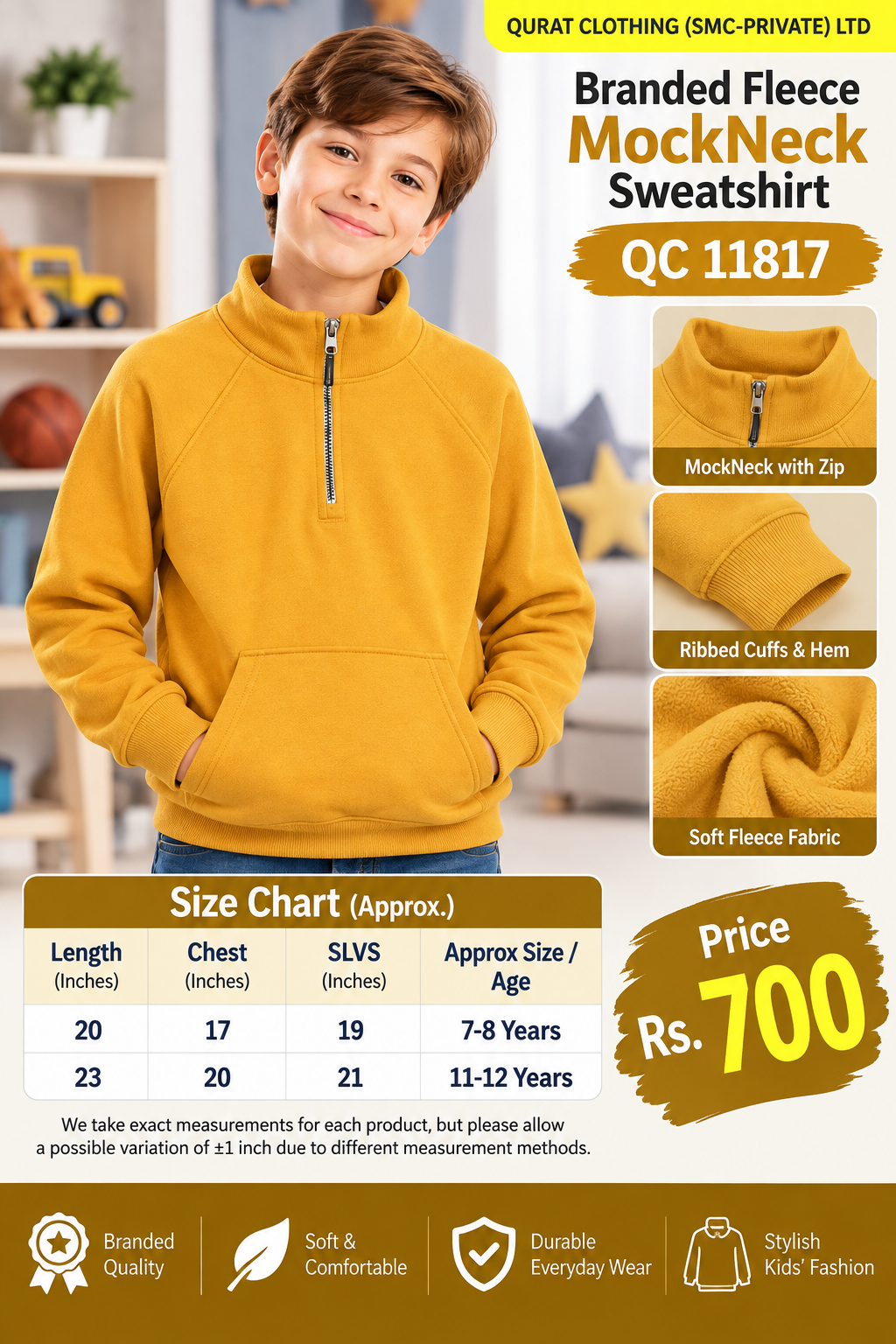 Branded Kids’ Mustard Yellow Fleece Mock Neck Sweatshirt with plain finish — QC11817