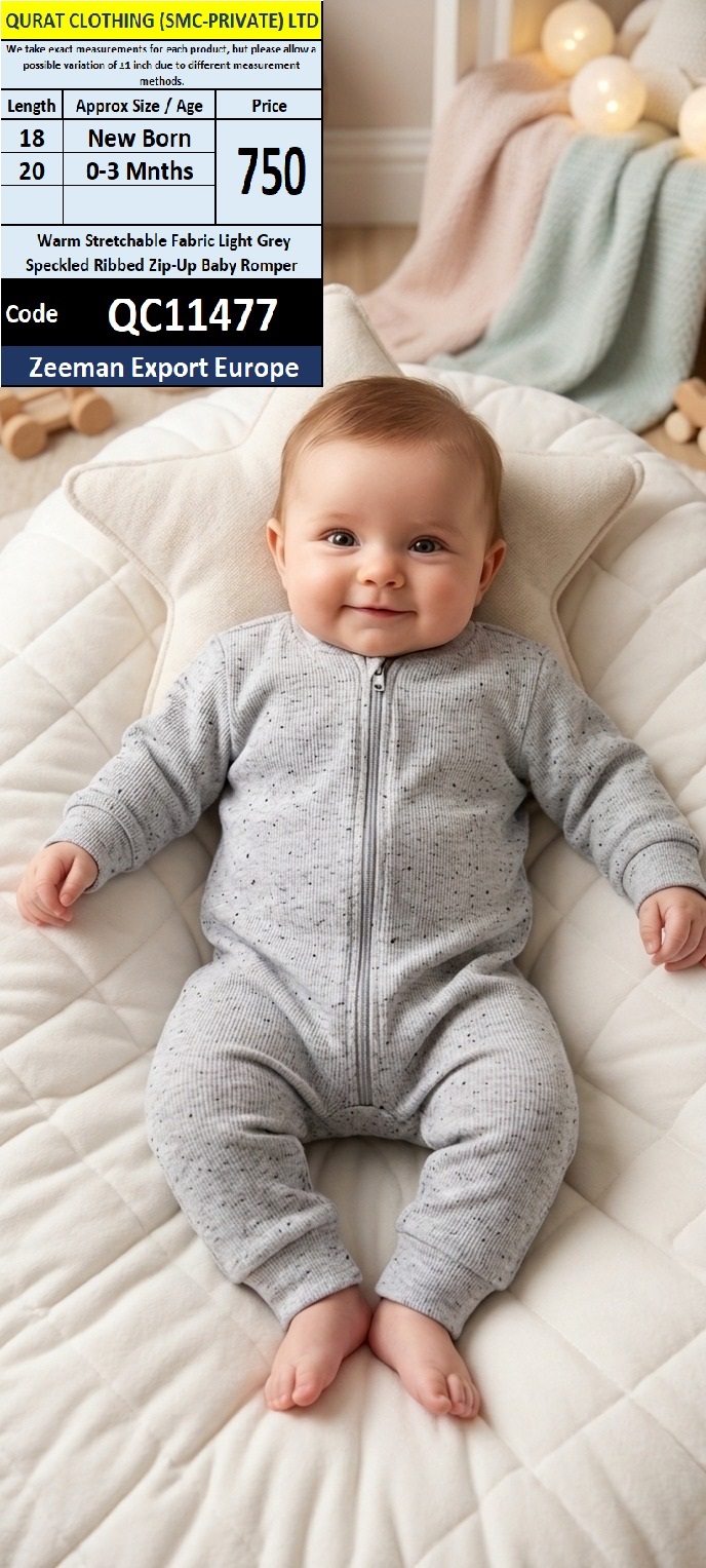 Zeeman Export Europe Warm Stretchable Light Grey Speckled Ribbed Zip-Up Baby Romper – QC11477