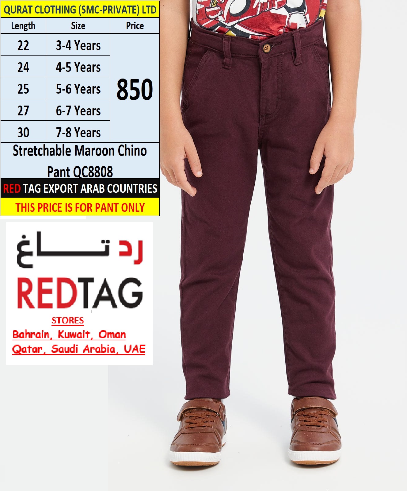 RED TAG Brand Maroon Chino Pant QC8808 Export Arab Countries