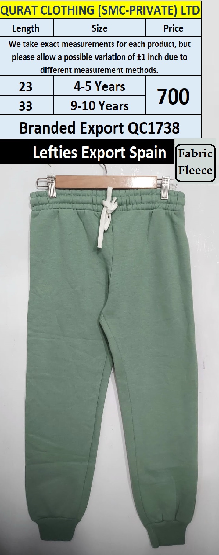 Lefties Brand Export Fleece Trouser QC1738 Export Spain 