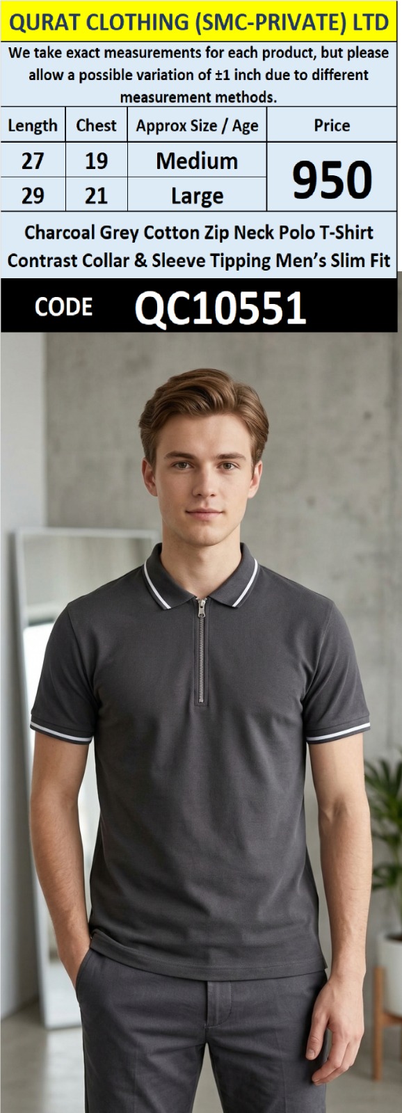Charcoal Grey Cotton Zip Neck Polo T-Shirt Contrast Collar & Sleeve Tipping Men’s Slim Fit – QC10551
