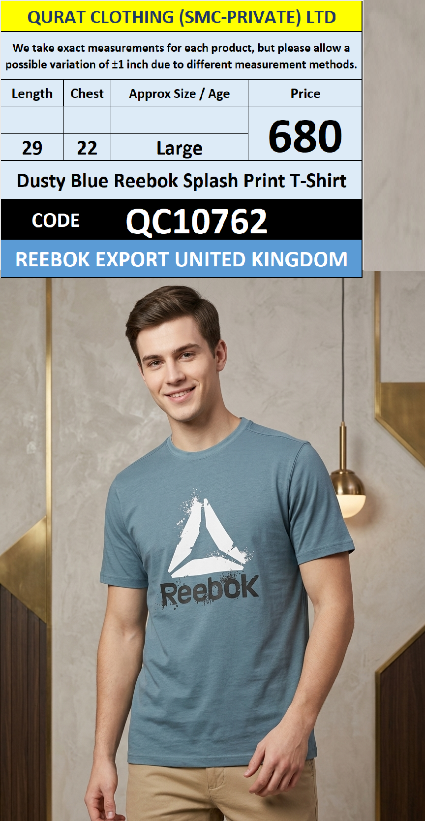 Dusty Blue Reebok Splash Print T-Shirt QC10762 Export United Kingdom