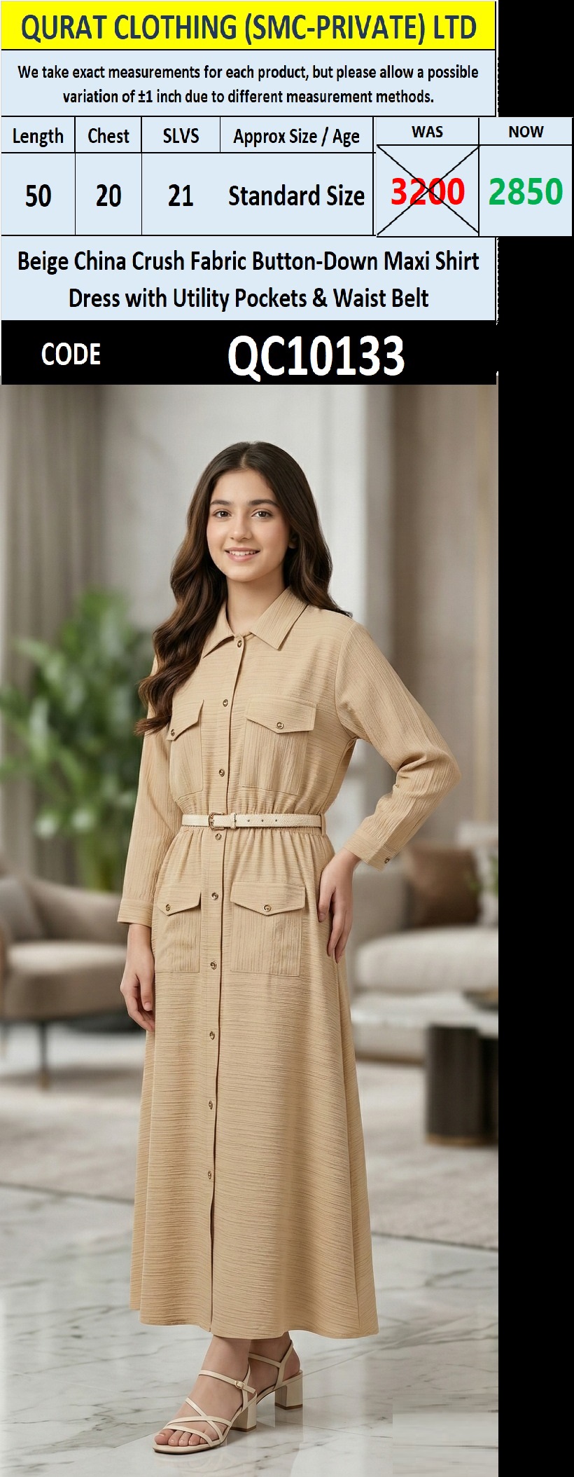 Beige China Crush Fabric Button-Down Maxi Shirt Dress with Utility Pockets & Waist Belt – QC10133 - QC10133